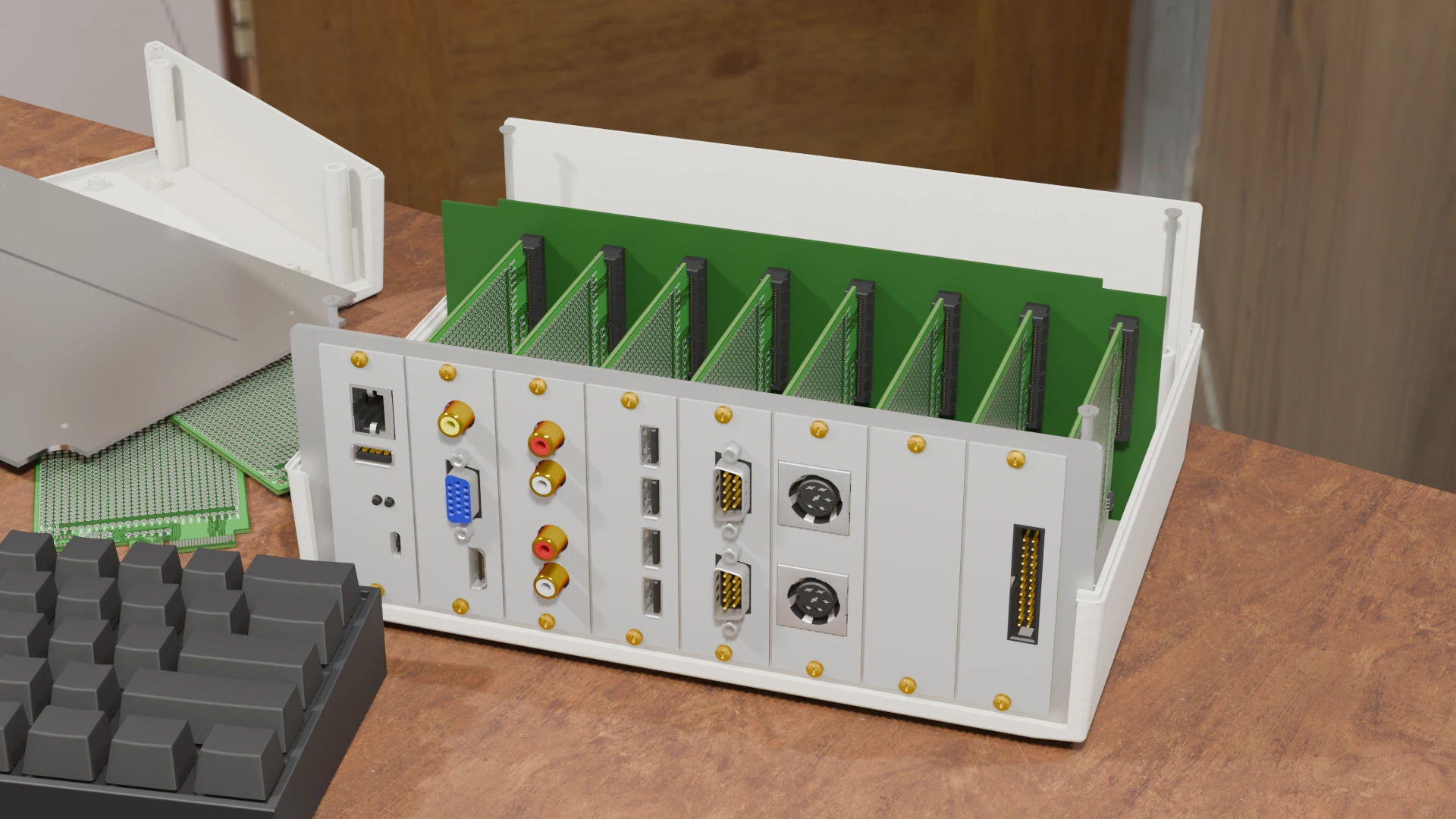 A rendering of a computer with a slotted design, having 8 slots with several connectors on them. The case is open and you can see a backplane with expansion cards inserted.