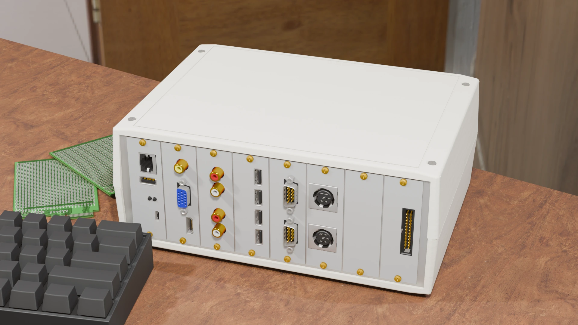 A rendering of a computer with a slotted design, having 8 slots with several connectors on them.