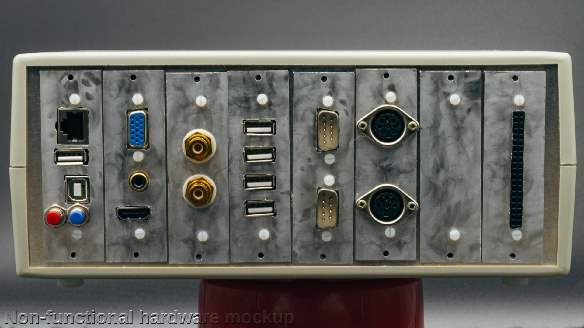 A rendering of a computer with a slotted design, having 8 slots with several connectors on them.